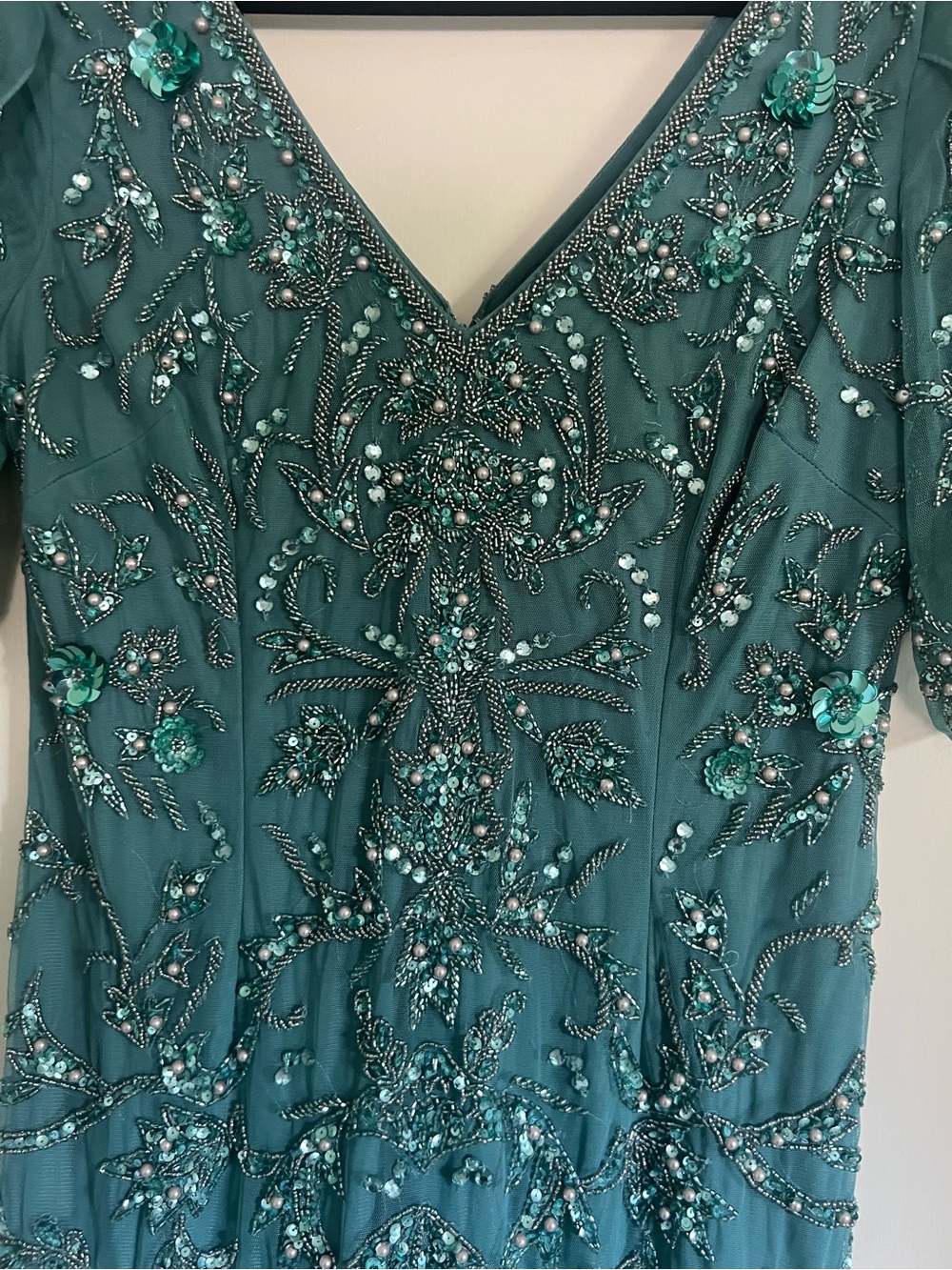 Adrianna Papell Teal Beaded V-Neck Mother of the Bride Gown - Picture 2 of 5